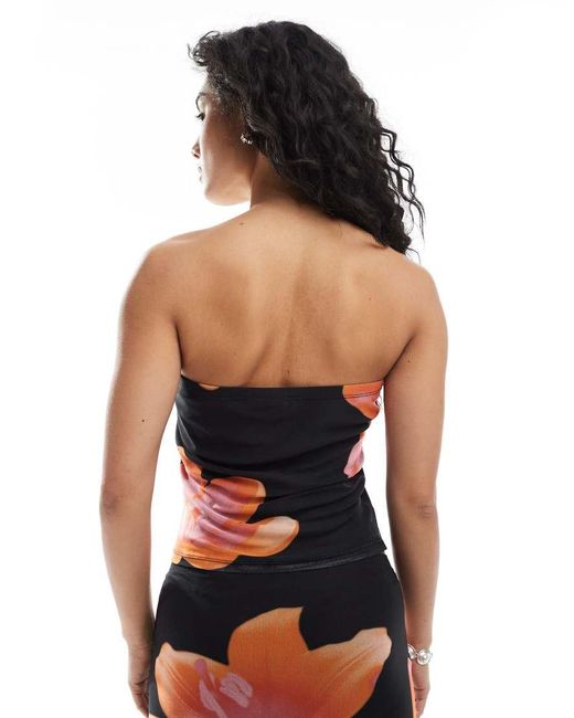 JJXX Black Mesh Strapless Top Co Ord With Flower Print