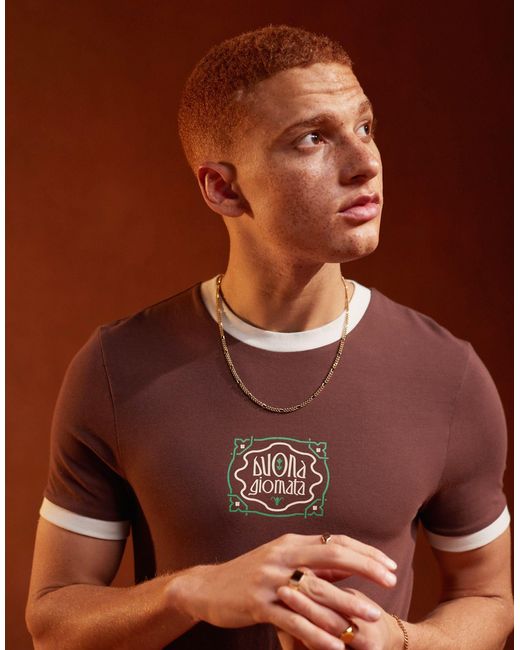 T-shirt moulant à bordures contrastantes avec inscription sur la poitrine - marron ASOS pour homme en coloris Brown