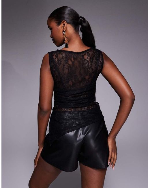 ASOS Black Sleeveless Gathered Side Lace Asymmetric Detail Top