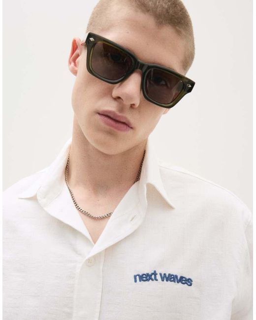 Bershka White Short Sleeve Rustic Textured Shirt With Print for men