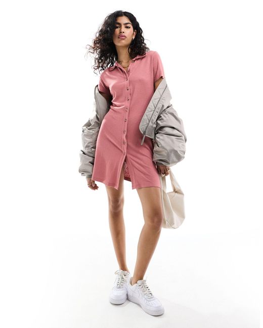 ASOS Pink Colla Linen Look Mini Tea Dress With Button Front