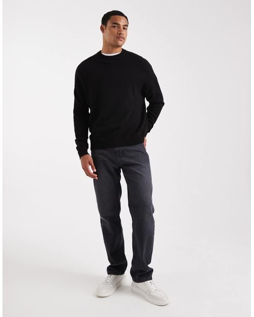 ASOS Black Oversized Knitted Wool-blend Crew Neck Jumper for men