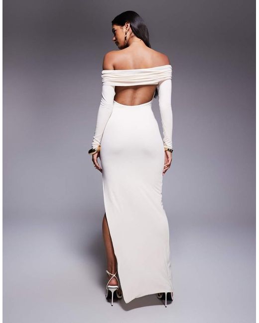 Oh Polly Blue Honora Bardot Jersey Split Maxi Dress
