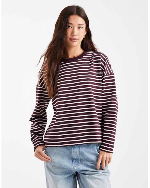 Camiseta Burdeos A Rayas Blancas Extragrande De Manga Larga De -Rojo Vero Moda de color Red