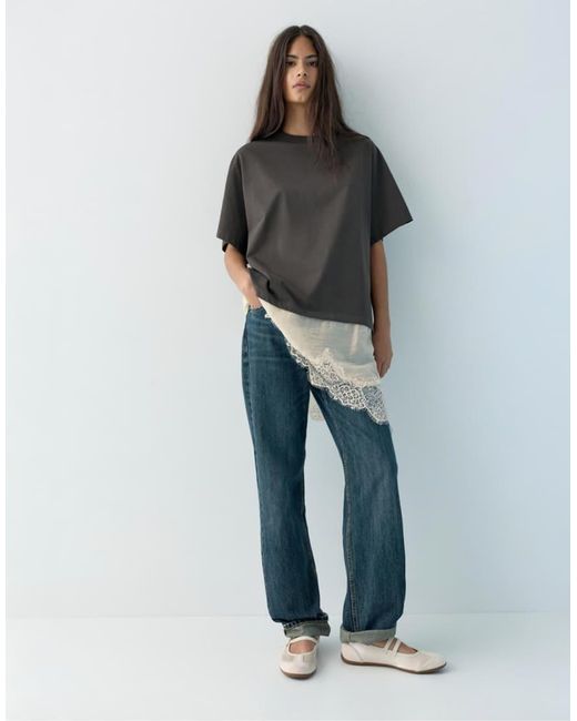 Pull&Bear Gray Contrast T-shirt With Lace Hem