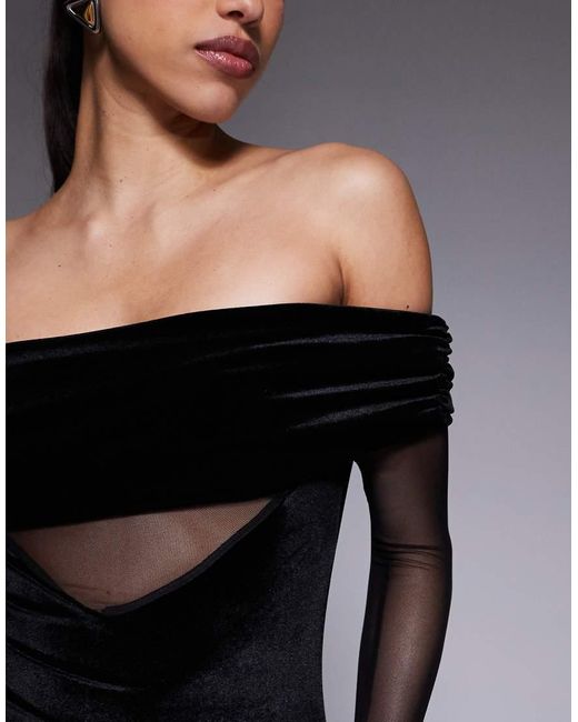 Kaiia Black Exclusive Foldover Bardot Sheer Sleeve Velvet Maxi Dress