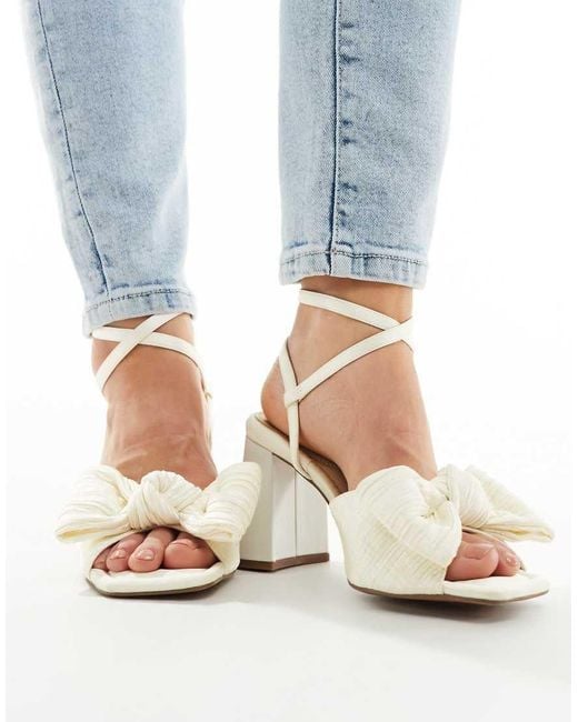 Asos Design Wide Fit Hitched Bow Detail Mid Block Heeled Sandals in ...