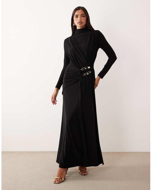 ASOS Black Slinky Drape Maxi Dress With Trim Detail