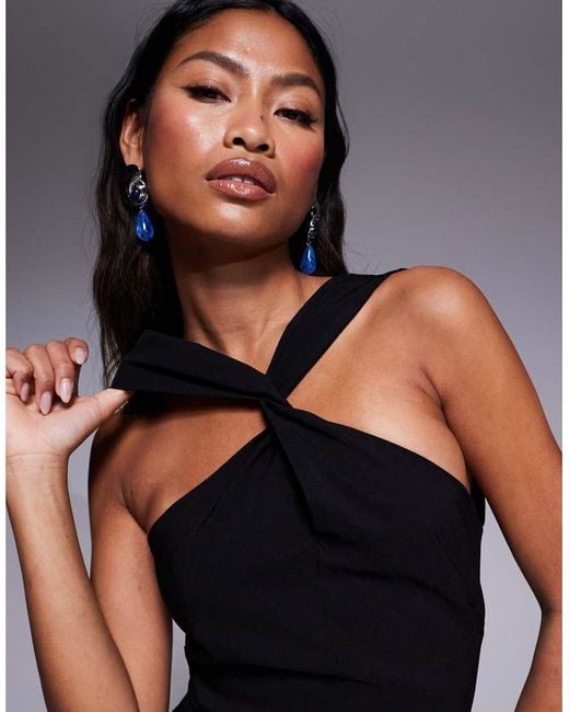 Vesper Blue Bengaline Twist Front Halter Neck Side Split Midaxi Dress