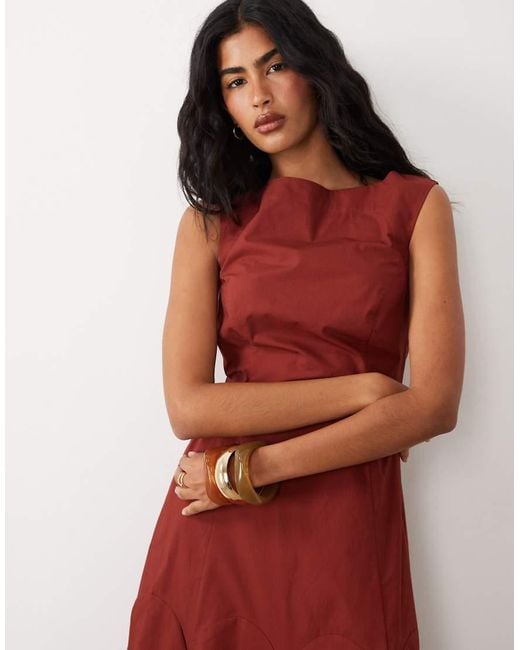 ASOS Red Poplin Square Neck Dropped Waist Maxi Dress With Godets