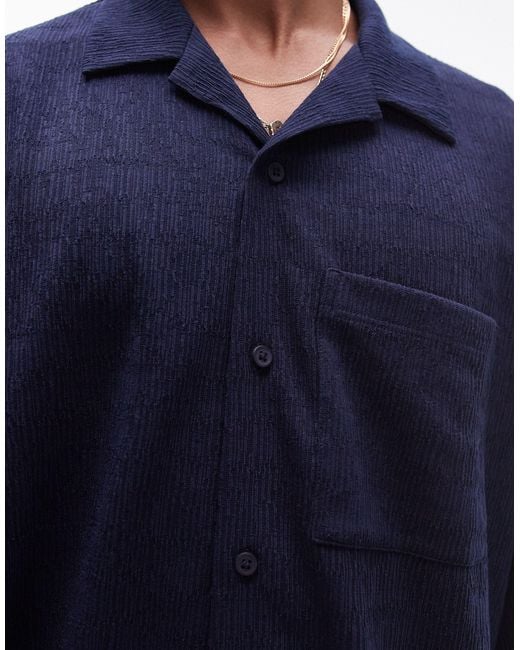 Topman Blue Boxy Fit Button Through Texture Jersey Polo for men