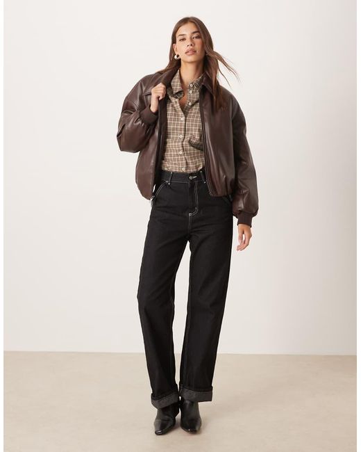 Abercrombie & Fitch Brown Vegan Leather Bubble Hem Bomber Jacket