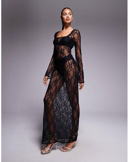 ASOS Black – langärmliges maxikleid aus er spitze mit eckigem ausschnitt