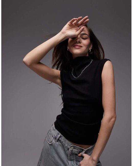 TOPSHOP Mouwloze Top Van Jersey Met Hoge Hals in het Black