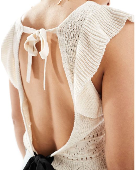 Miss Selfridge White Crochet Frill Sleeve Detail Open Back Contrast Bow Top
