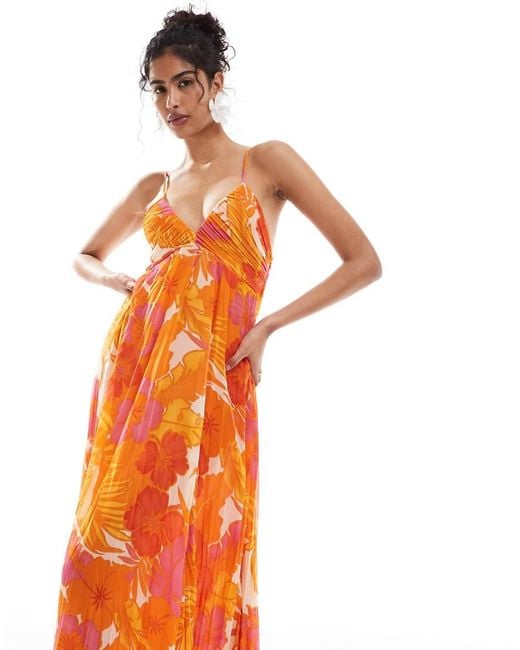 Mango Orange Pleated Floral Print Dress