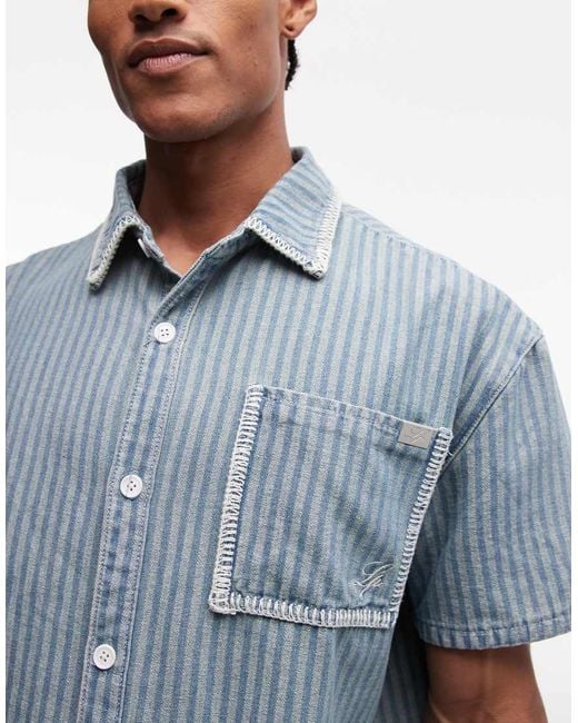 Liquor N Poker Blue Boxy Pinstripe Embroidery Pocket Detail Shirt for men