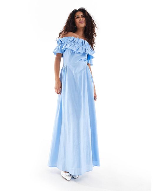 Sister Jane Gathered Bardot Maxi Dress in Blue Lyst