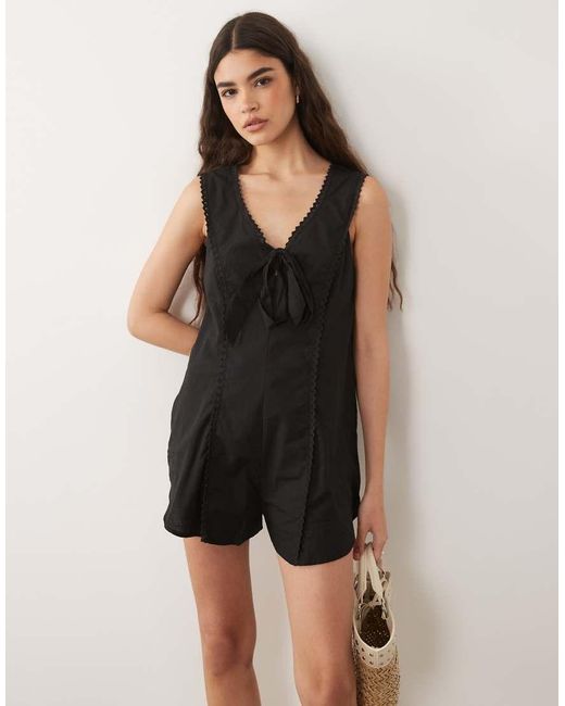 ASOS Natural V-neck Romper With Lace Trim