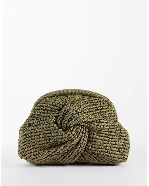 Mango Green Mini Raffia Knot Detail Clutch Bag With Detatchable Chain