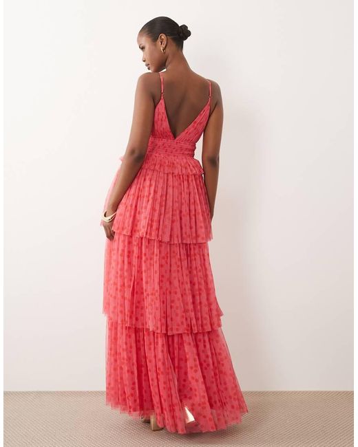 LACE & BEADS Pink Tulle Cami Plunge Tiered Maxi Dress