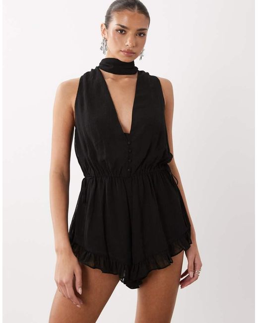 Noughts & Kisses Natural Chiffon Cowl Neck Scarf Detail Cinch Waist Playsuit