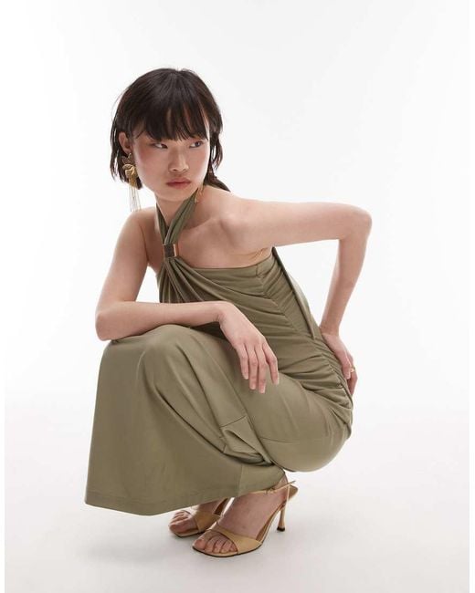 & Other Stories Green Jersey Maxi Dress With Metallic Clasp Halter Neck
