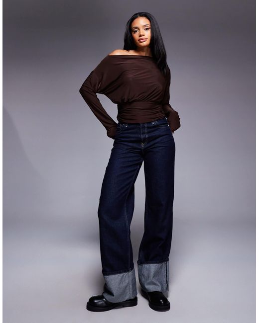 ASOS Blue Slinky Asymmetric One Shoulder Long Sleeve Top With Cinch Waist Detail