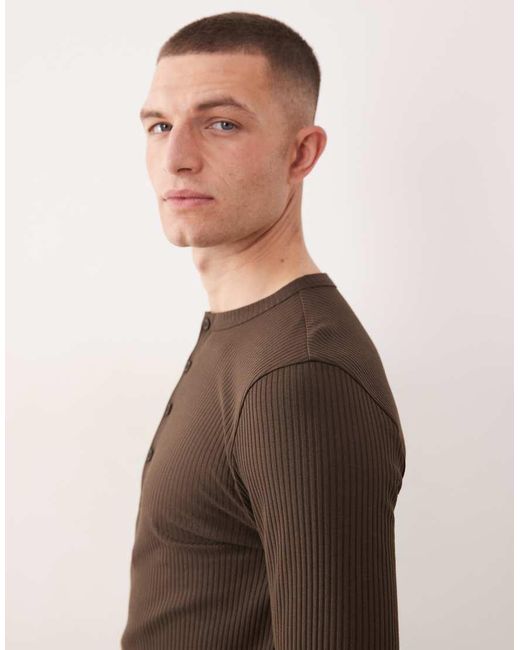 ASOS Brown Heavyweight Muscle Fit Long Sleeve Henley T-shirt for men