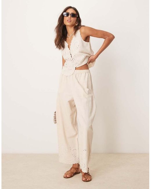 ASOS Natural Linen Blend Scalloped Edge Embroidered Wide Leg Pants