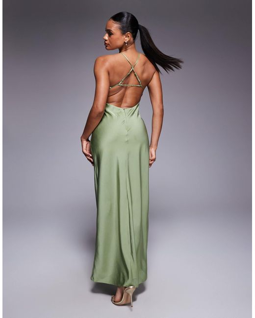 ASOS Green Satin Strappy Halter Maxi Dress With Contrast Bust