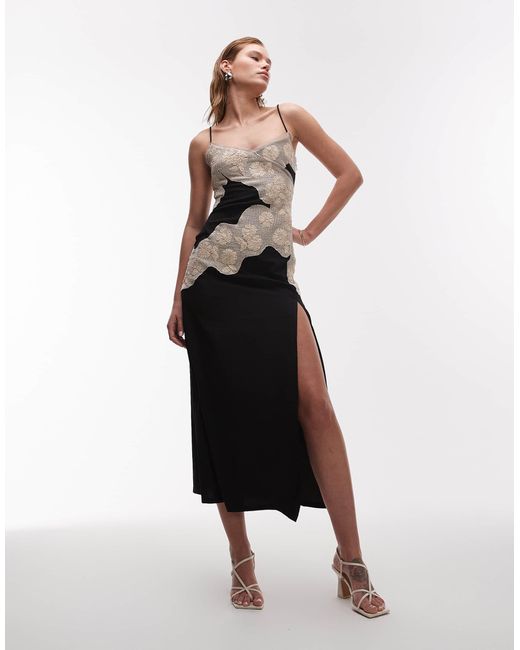 TOPSHOP Embroidered Floral Cotton Midi Dress in Black | Lyst