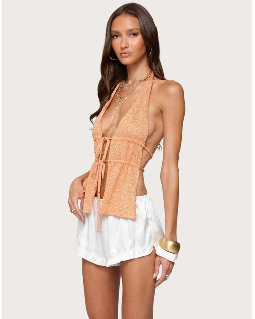 Edikted White Sequin Knit Split Front Backless Top