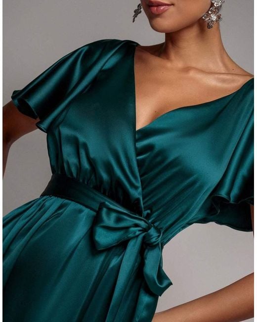 Goddiva Green Satin Flutter Sleeve Wrap Maxi Dress