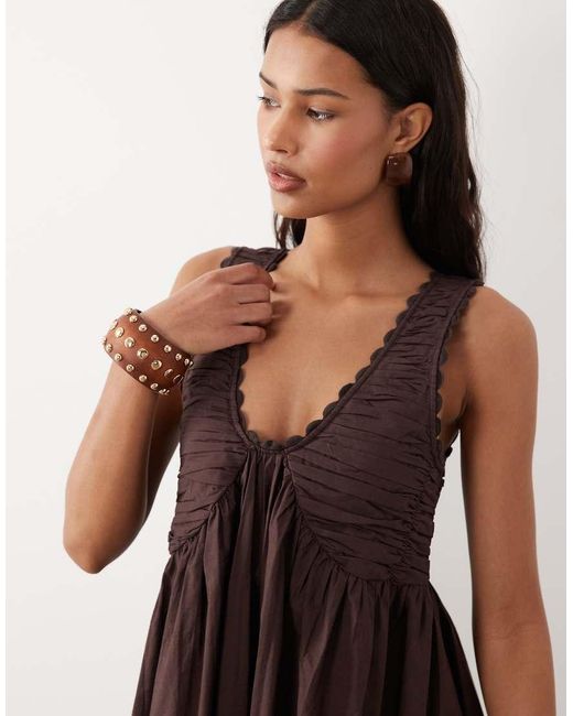 ASOS Brown V Neck Scalloped Maxi Dress With Back Tie