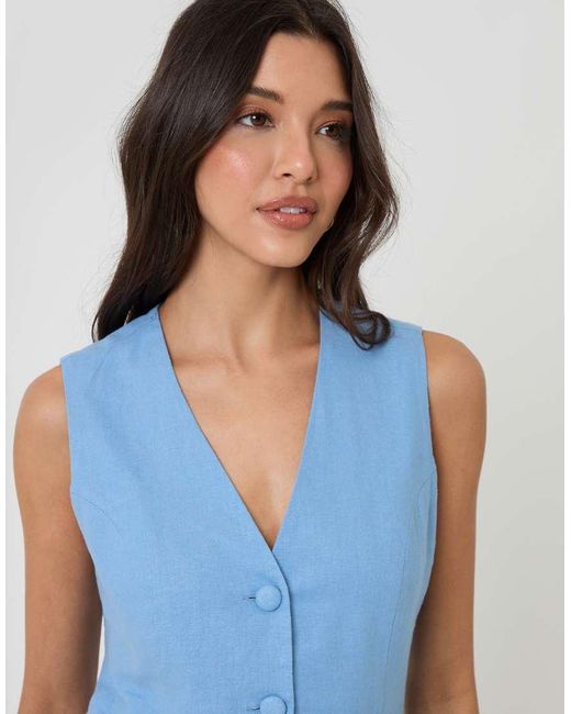 Threadbare Blue Linen Blend V-Neck Waistcoat