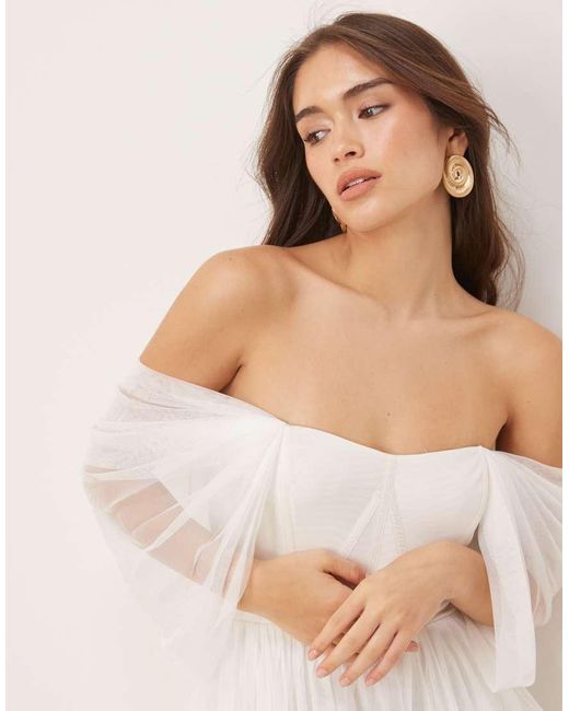 LACE & BEADS Mini-Korsetjurk Met Blote Schouders Van Tule in het Natural