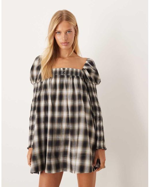 ASOS Natural Square Neck Mixed Shirred Babydoll Mini Dress