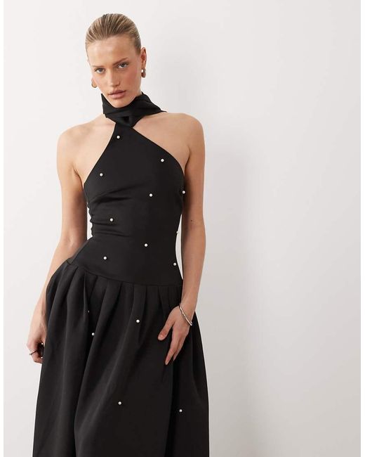 ASOS Black Premium Pearl Embellished Maxi Dress With Scarf Detail