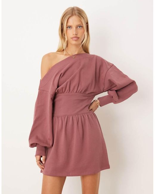 ASOS Pink Cotton Slash Neck One-shoulder Elasticated Waisted Mini Dress