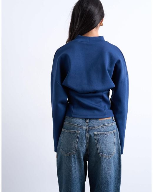 TOPSHOP Blue Interlock Corset Waist Long Sleeve Top