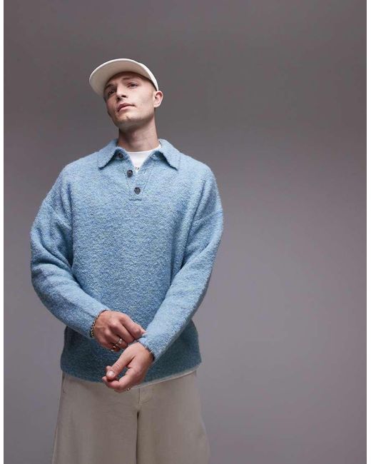 Topman Blue Oversized Fit Boucle Polo for men