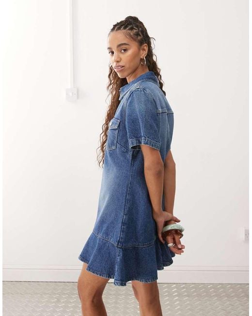 Monki Blue Denim Tunic Dress With Flippy Hem
