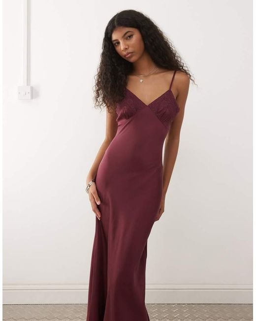 Reclaimed Vintage Pink Maxi Cami Satin Slip Dress With Lace Trims