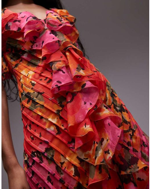 TOPSHOP Red Premium Ruffle Pintuck Gown