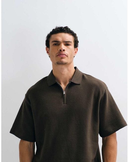 SELECTED Black Co-Ord Waffle Zip Polo for men