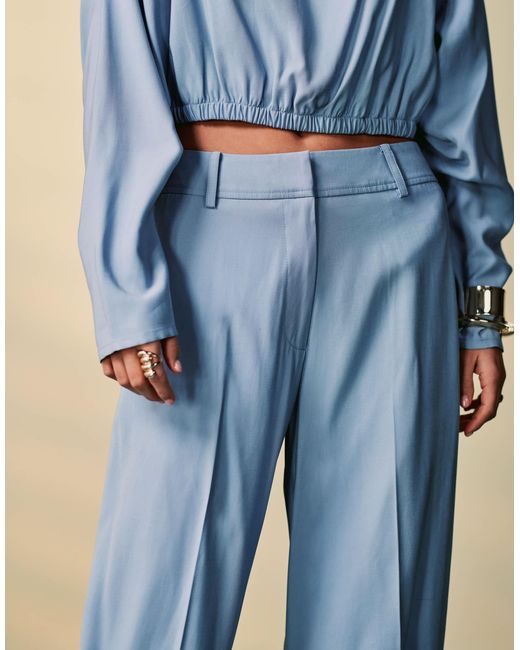 ASOS Blue Tailored Barrel Leg Trousers With Turn Up Co-ord