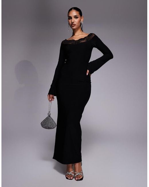 Fashionkilla Black Exclusive Slinky Lace Trim Bardot Flare Sleeve Maxi Dress