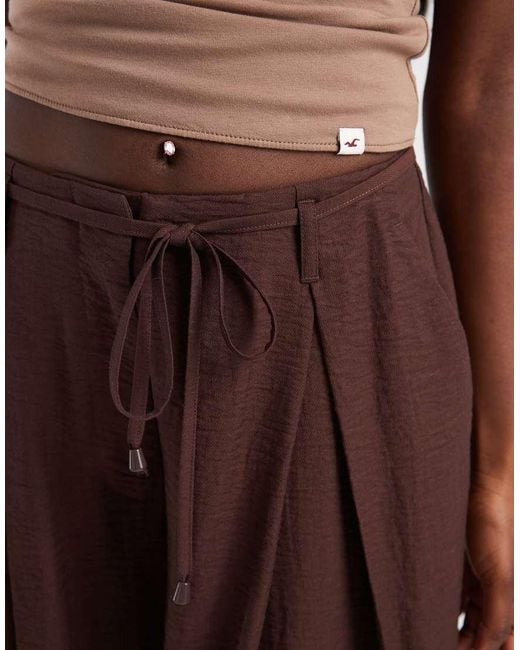 ASOS Brown Textured Wide Leg Trousers With Tie Waist