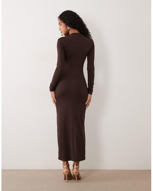 AFRM Brown Juniper Knit Crepe Mock Neck Long Sleeve Midi Dress